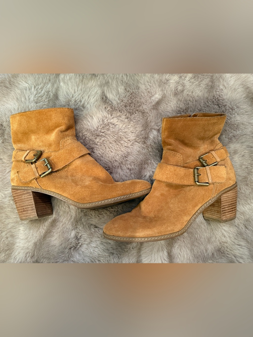 Anne Klein Cognac Carmel Suede Ankle Booties with Buckle Straps